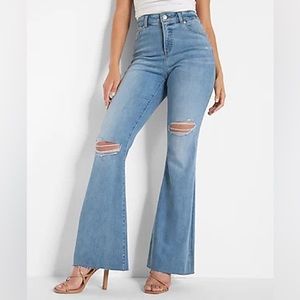 Express Curvy High Waisted Light Wash Ripped Flare Jeans